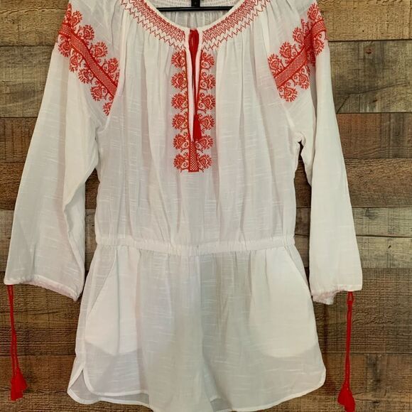 J. Crew white shorts romper orange embroidery long sleeve size‎ small - Picture 4 of 13